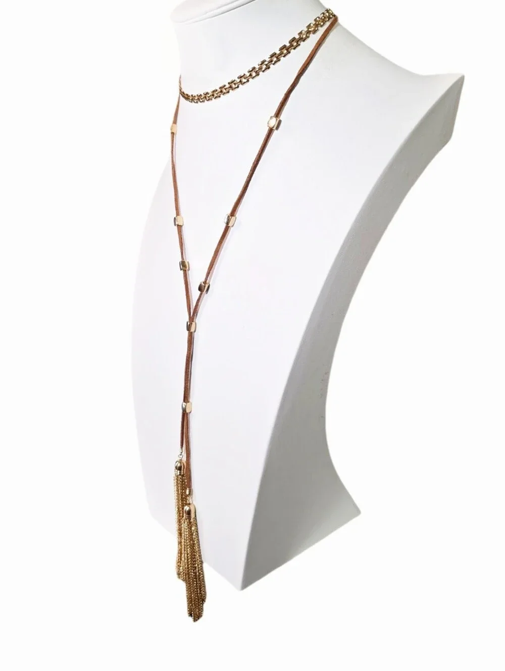 Layered Brown Suede and Gold Tassel Choker Lariat Necklace